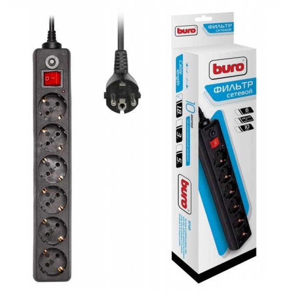 Сетевой фильтр Buro 600SH-1.8-B 1.8м (6 розеток) черный (коробка)