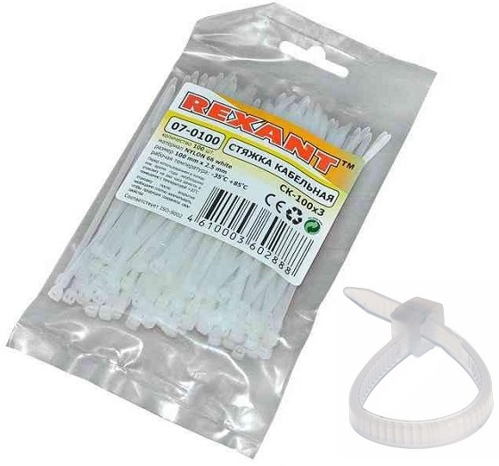 Хомут nylon 2.5х100 мм белый (07-0100) (100 шт/уп) REXANT