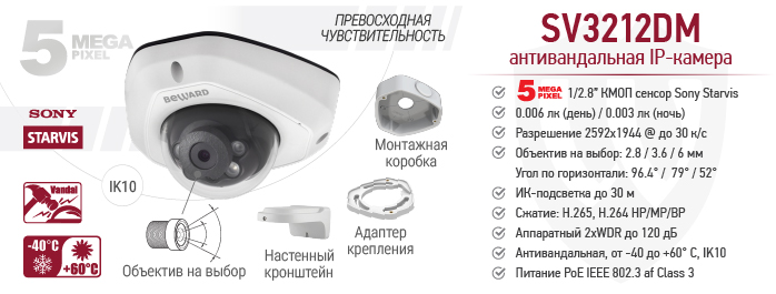 Антивандальная 5 Мп IP-камера BEWARD SV3212DM с 3D-регулировкой объектива