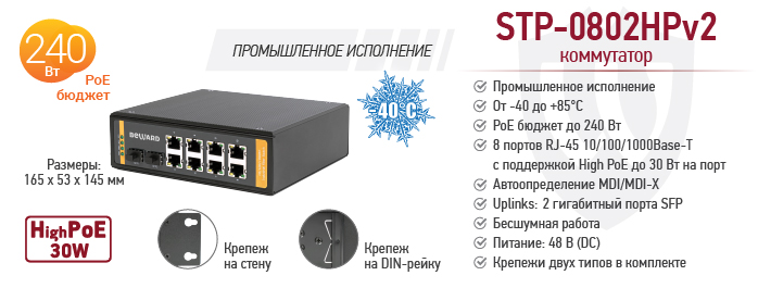 Промышленный неуправляемый High PoE коммутатор STP-0802HPv2