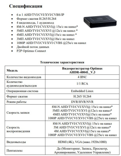 AHDR-4004L_V.3 цифровой гибридный 4-х канальный видеорегистратор Optimus