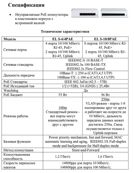 EL S-6/4PAE неуправляемый PoE-коммутатор Optimus 