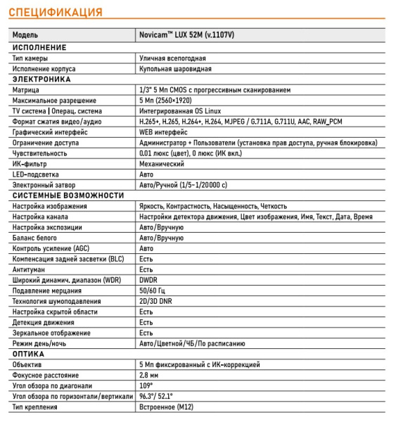 LUX 52M (ver.1107V) уличная купольная всепогодная IP-камера видеонаблюдения с встроенным микрофоном NOVIcam