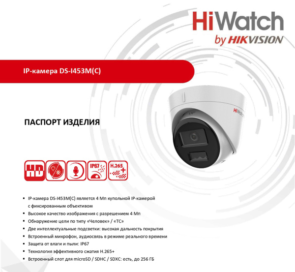 DS-I453M(С) (2.8 mm) уличная купольная всепогодная IP-камера видеонаблюдения с встроенным микрофоном HiWatch