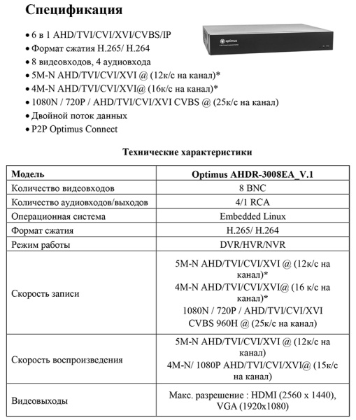 AHDR-3008EA_V.1 цифровой гибридный видеорегистратор 8-ми канальный Optimus