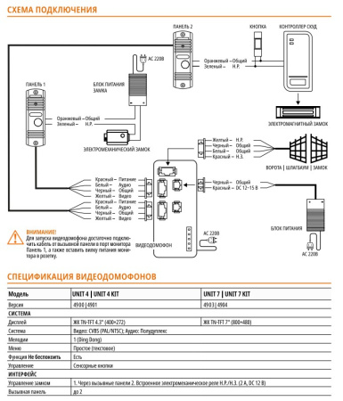 UNIT 4 KIT (ver.4901) комплект видеодомофона 4,3'' c вызывной панелью Novicam