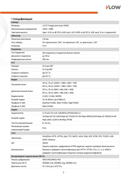 F-IP-1422CIW 2Мп поворотная IP-камера с гибридной Smart-подсветкой до 30м и WiFi iFlow