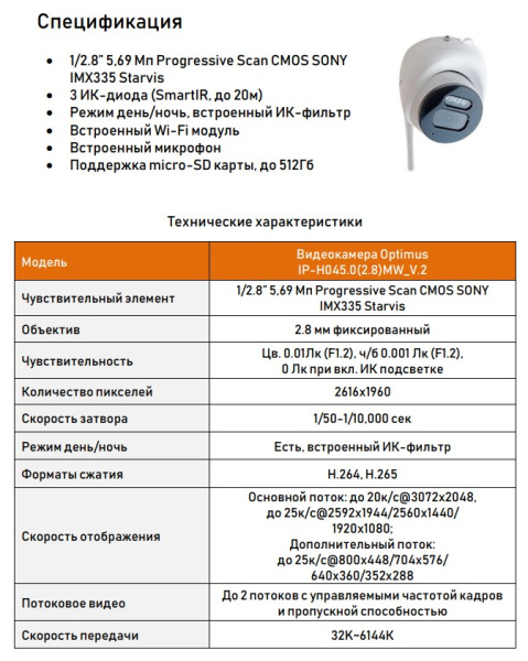 IP-H045.0(2.8)MW_V.2 купольная уличная IP камера видеонаблюдения с встроенным микрофоном WI-FI Optimus
