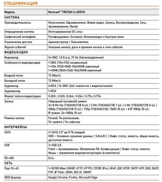 FR2116X (ver.3031V) 16-ти канальный видеорегистратор 5 в 1 и IP до 2 Мп Novicam 
