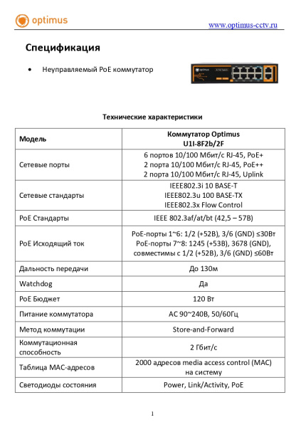 U1i-8F2b/2F неуправляемый PoE-коммутатор Optimus 