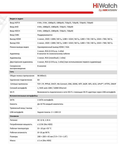 DS-H208QA(С) 8-ми канальный гибридный HD-TVI регистратор HiWatch
