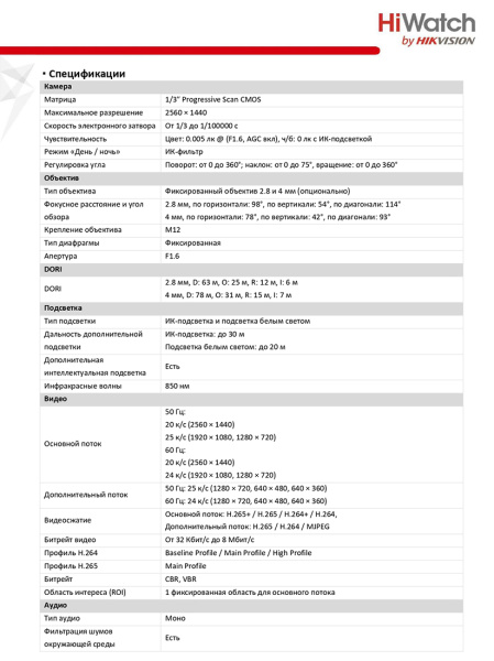 DS-I453M(С) (2.8 mm) уличная купольная всепогодная IP-камера видеонаблюдения с встроенным микрофоном HiWatch