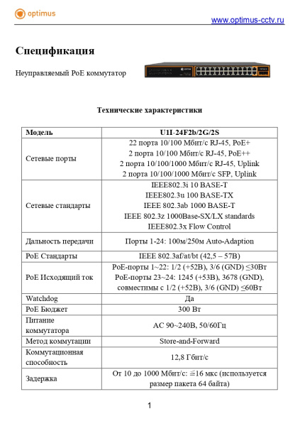 U1I-24F2b/2G/2S неуправляемый PoE-коммутатор Optimus