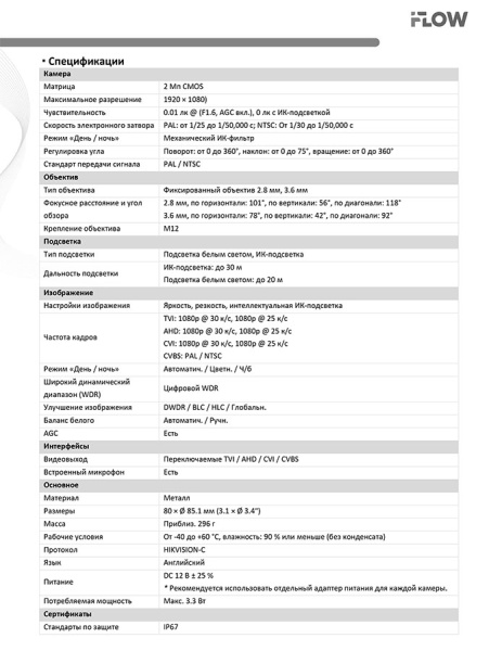 F-AC-2322M(2.8mm) (Аналог DS-T203A(B)) 2Мп уличная купольная HD-TVI камера с гибридной подсветкой ИК/LED до 30/20м и встроенным микрофоном (AoC) iFlow