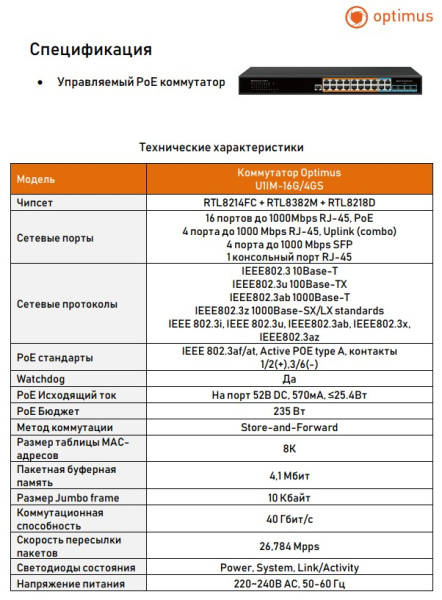 U1IM-16G/4GS 16 портовый управляемый PoE-коммутатор Optimus