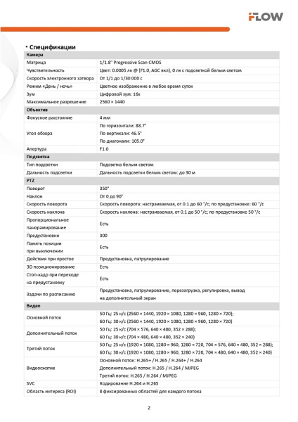 F-IP-2444CISW (Аналог DS-2DE3A400BW-DE/W(F1)(T5)) 4 Мп уличная поворотная IP-камера c подсветкой белым светом до 30м, Wi-Fi iFlow