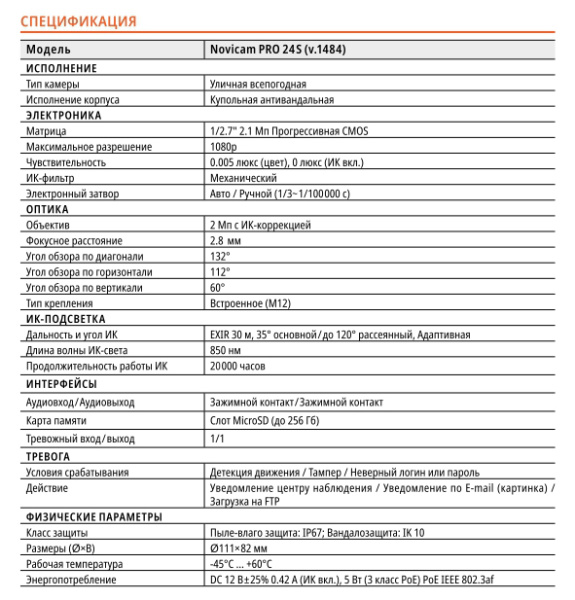 PRO 24S (ver.1484) уличная всепогодная купольная IP-камера видеонаблюдения Novicam