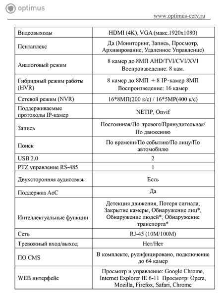 AHDR-4008_V.1 цифровой гибридный видеорегистратор 8-канальный Optimus